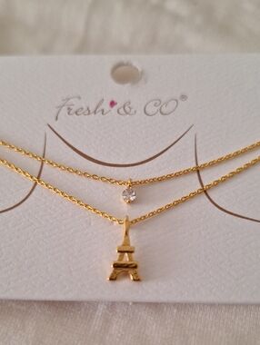 Gold Eiffel Tower Layered Necklace with Clear Cz Stone
